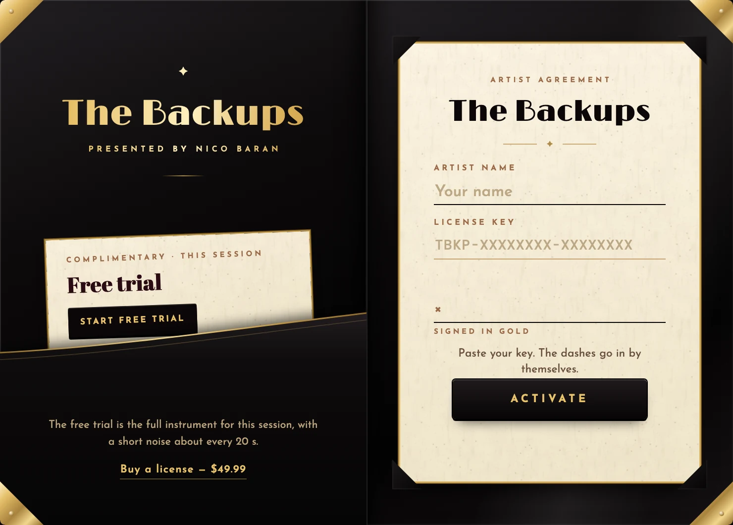 The license window: a black lacquer folio with a free-trial card on the left and a signable artist agreement on the right