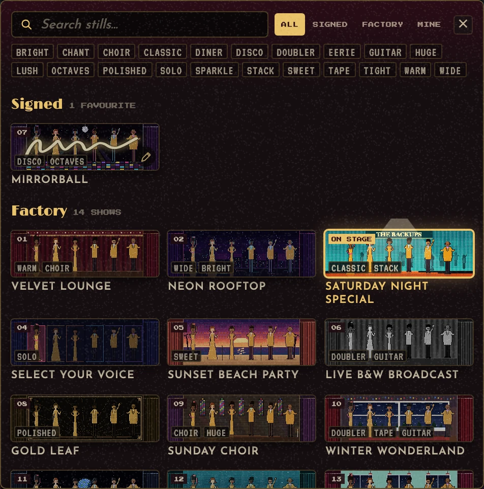 The Showbill preset grid inside the plugin, with a signed Mirrorball card and the factory stills