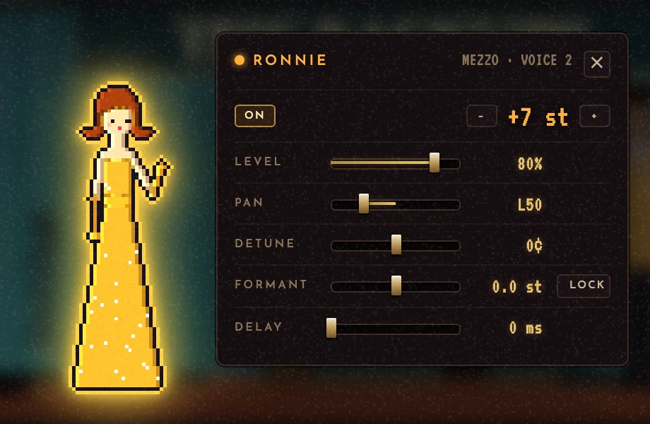 Clicking Ronnie on stage lifts her into a spotlight with her part editor: on, interval, level, pan, detune, formant with lock, and delay